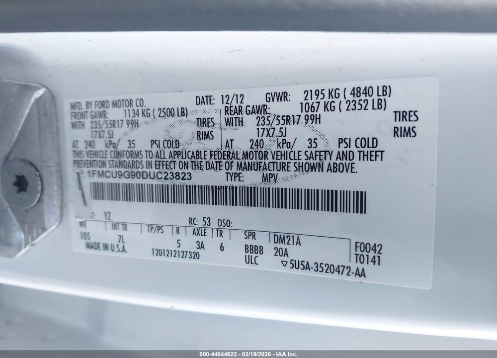 2013 FORD ESCAPE SE VIN: 1FMCU9G90DUC23823