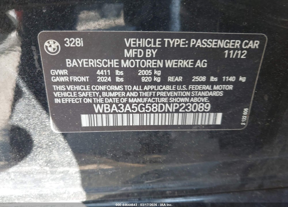 2013 BMW 328I VIN: WBA3A5G58DNP23089