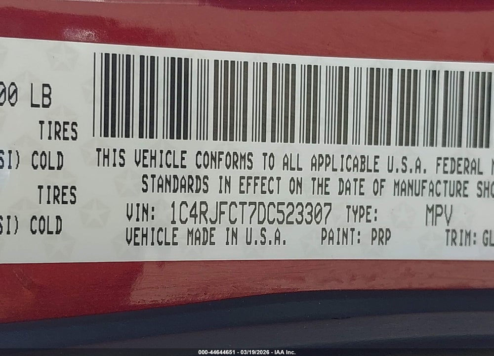 2013 JEEP GRAND CHEROKEE OVERLAND VIN: 1C4RJFCT7DC523307
