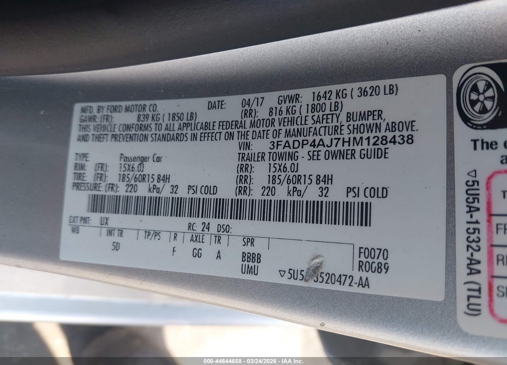 2017 FORD FIESTA S VIN: 3FADP4AJ7HM128438