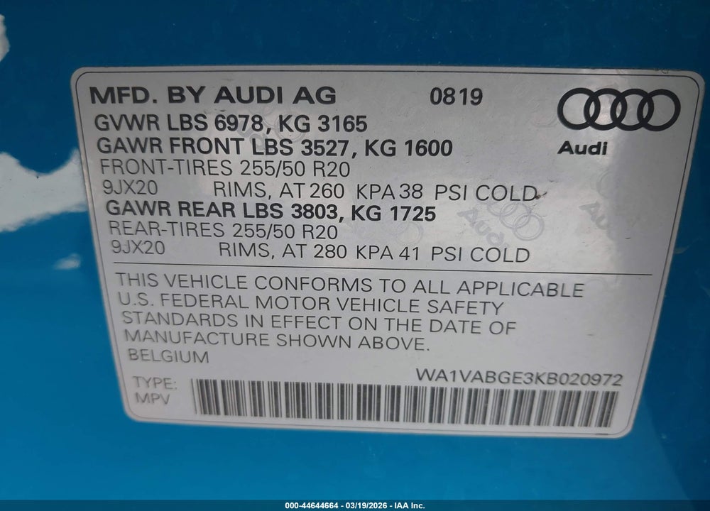 2019 AUDI E-TRON PREMIUM PLUS VIN: WA1VABGE3KB020972