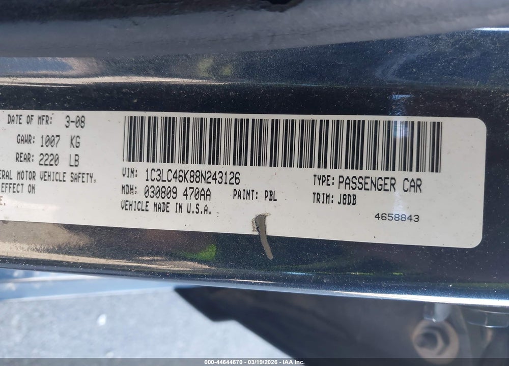 2008 CHRYSLER SEBRING LX VIN: 1C3LC46K88N243126