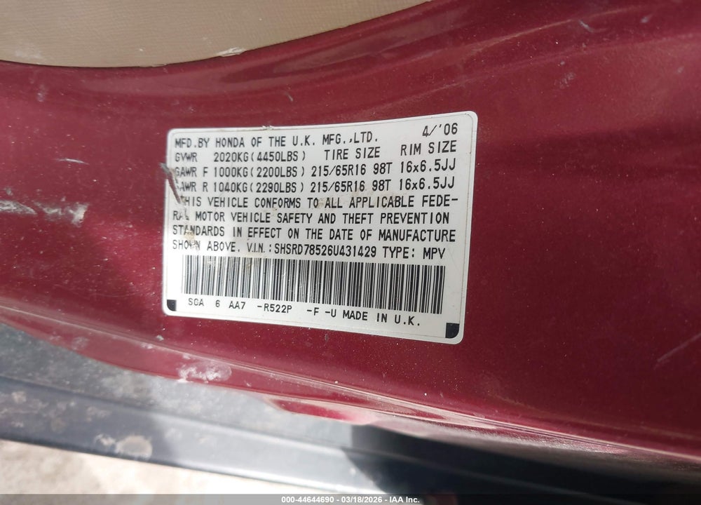 2006 HONDA CR-V LX VIN: SHSRD78526U431429