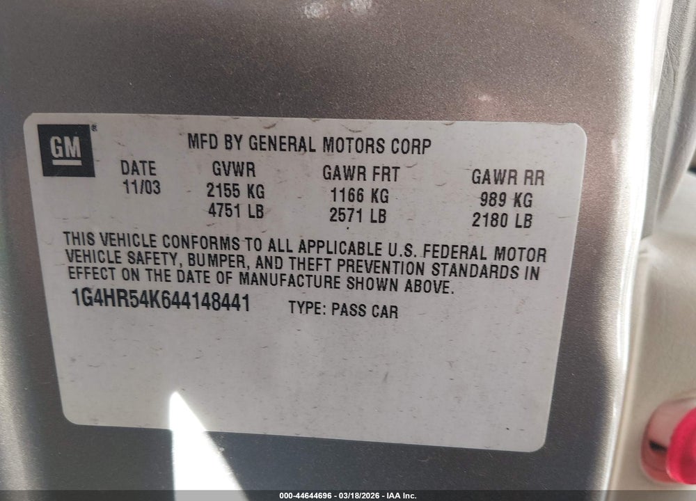 2004 BUICK LESABRE LIMITED VIN: 1G4HR54K644148441