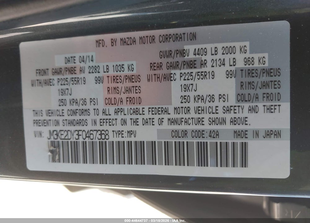 2015 MAZDA CX-5 GRAND TOURING VIN: JM3KE2DY3F0467368
