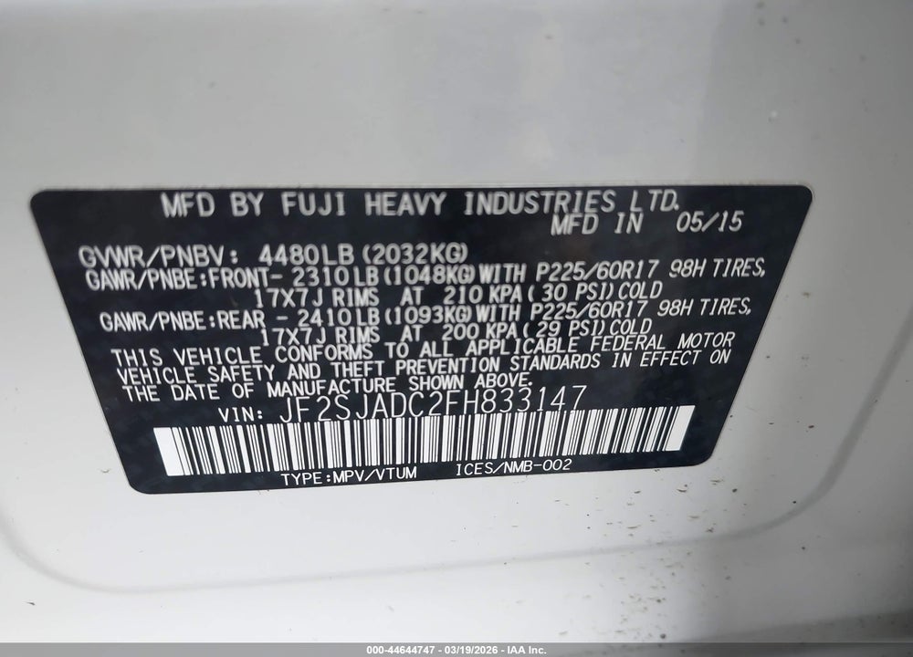2015 SUBARU FORESTER 2.5I PREMIUM VIN: JF2SJADC2FH833147