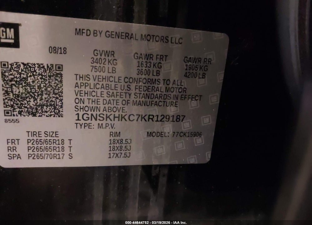 2019 CHEVROLET SUBURBAN LT VIN: 1GNSKHKC7KR129187
