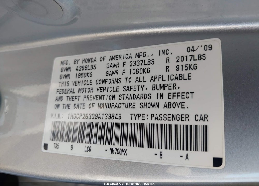 2009 HONDA ACCORD 2.4 LX VIN: 1HGCP26309A139849
