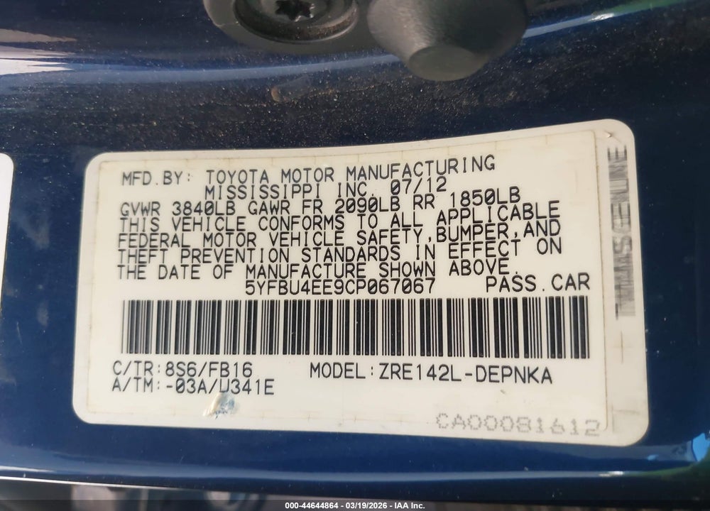 2012 TOYOTA COROLLA LE VIN: 5YFBU4EE9CP067067