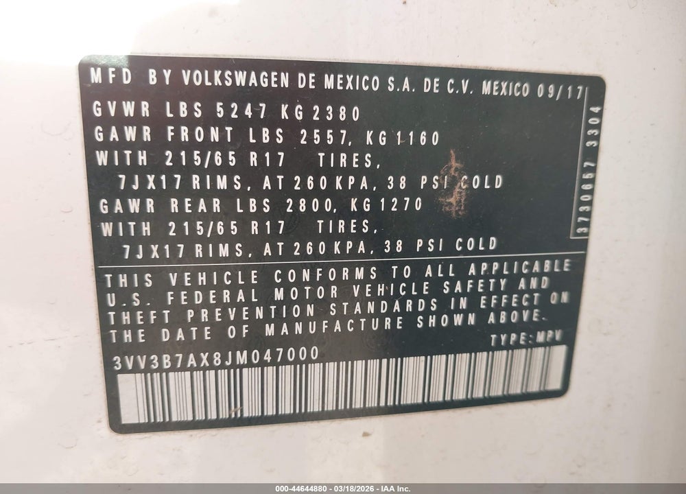 2018 VOLKSWAGEN TIGUAN 2.0T SE/2.0T SEL VIN: 3VV3B7AX8JM047000