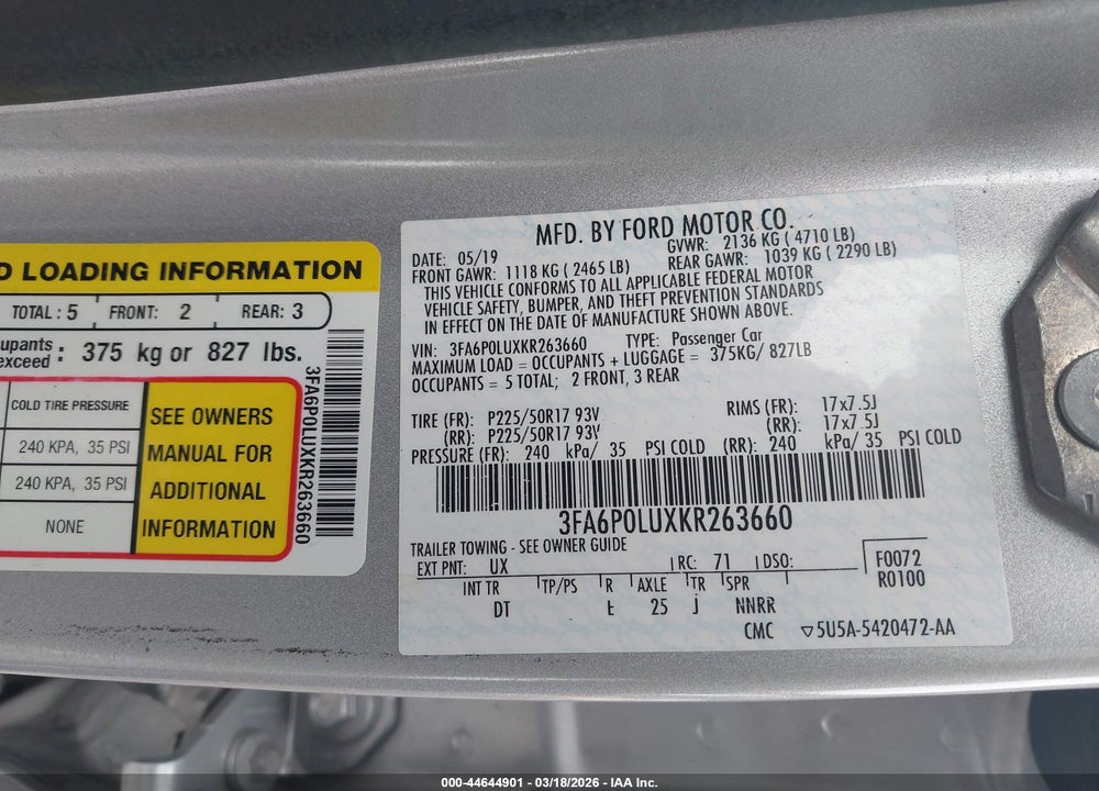 2019 FORD FUSION HYBRID SE VIN: 3FA6P0LUXKR263660