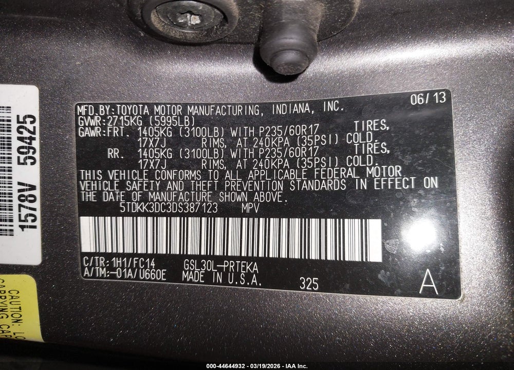2013 TOYOTA SIENNA LE V6 8 PASSENGER VIN: 5TDKK3DC3DS387123