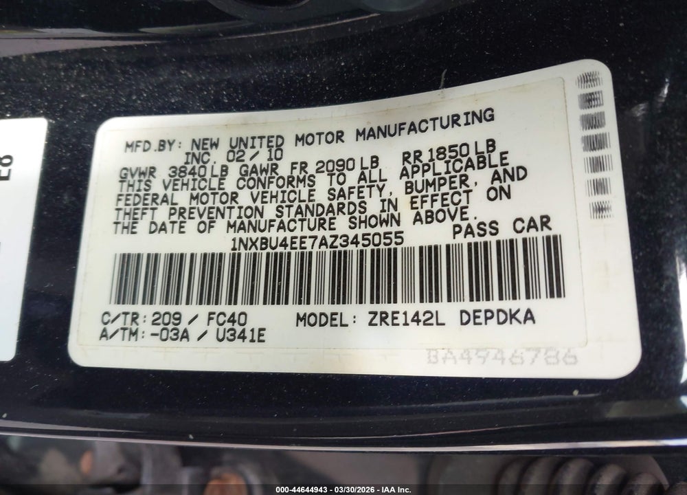 2010 TOYOTA COROLLA LE VIN: 1NXBU4EE7AZ345055