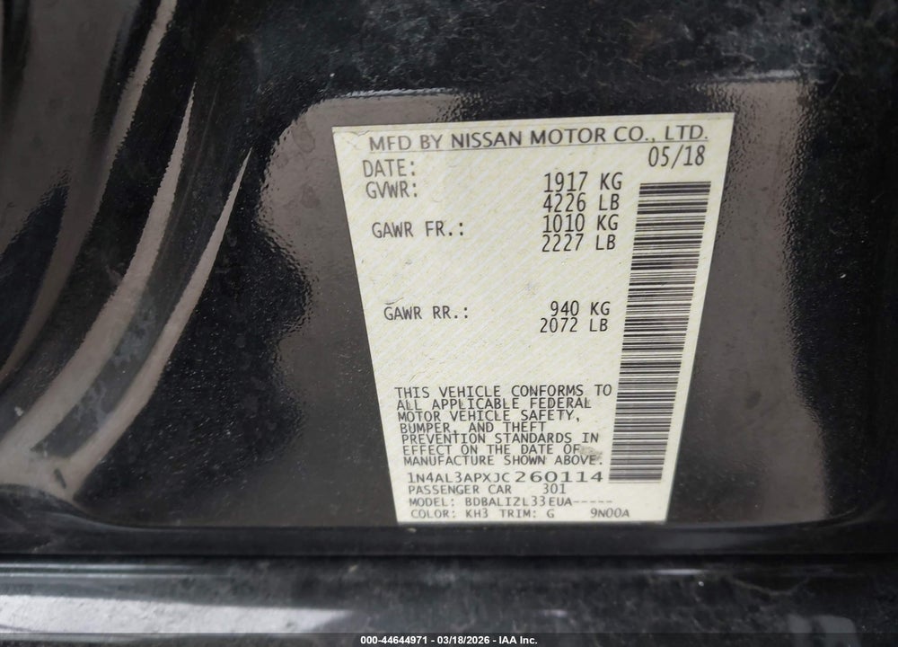 2018 NISSAN ALTIMA 2.5 SV VIN: 1N4AL3APXJC260114