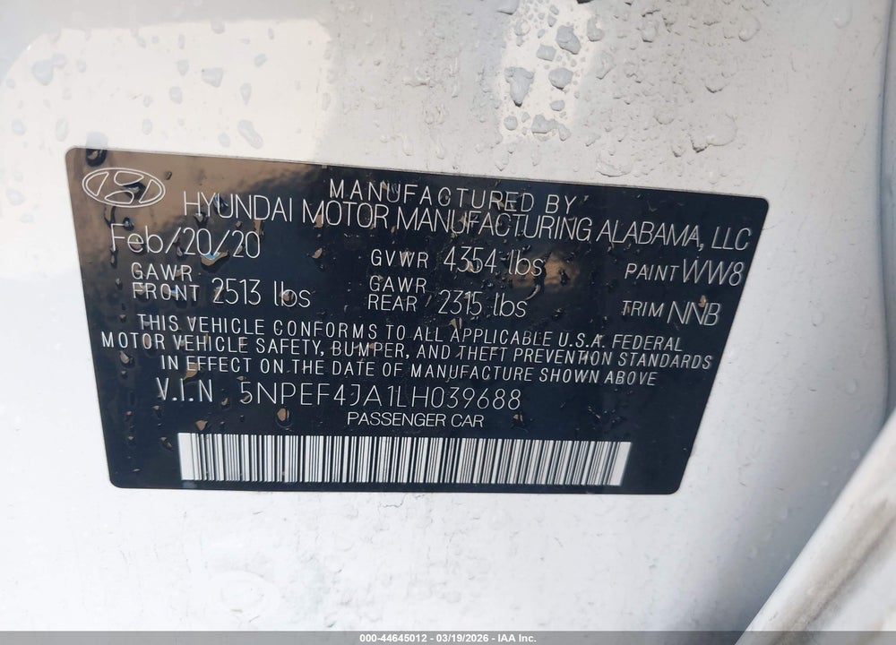 2020 HYUNDAI SONATA SEL VIN: 5NPEF4JA1LH039688