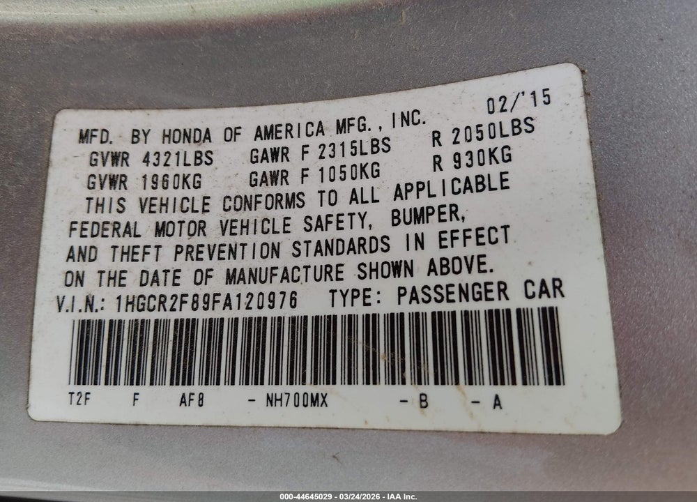 2015 HONDA ACCORD EX-L VIN: 1HGCR2F89FA120976