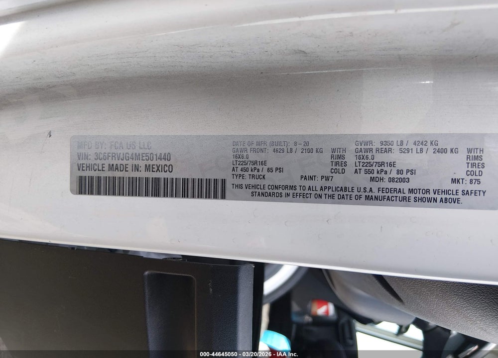 2021 RAM PROMASTER 3500 CARGO VAN HIGH ROOF 159 WB EXT VIN: 3C6FRVJG4ME501440