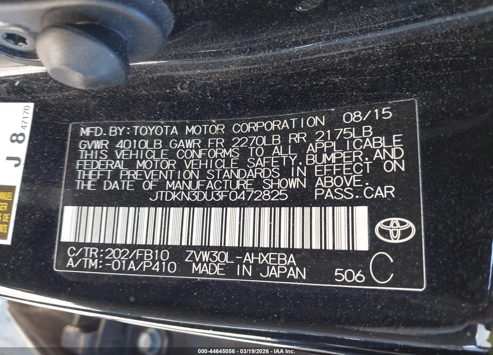 2015 TOYOTA PRIUS TWO VIN: JTDKN3DU3F0472825