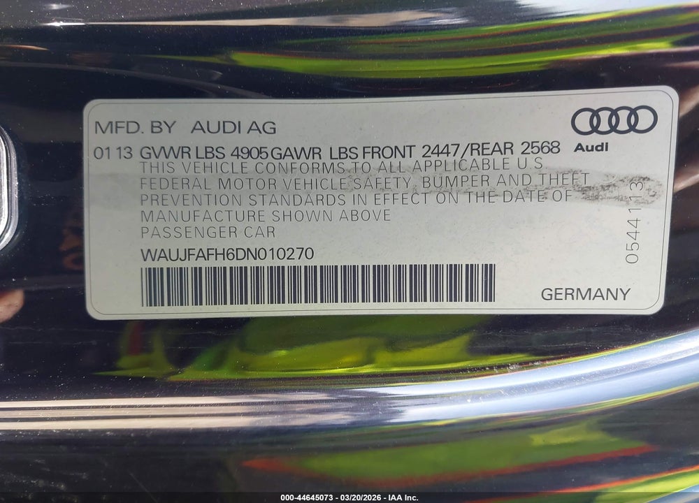 2013 AUDI A5 2.0T PREMIUM VIN: WAUJFAFH6DN010270