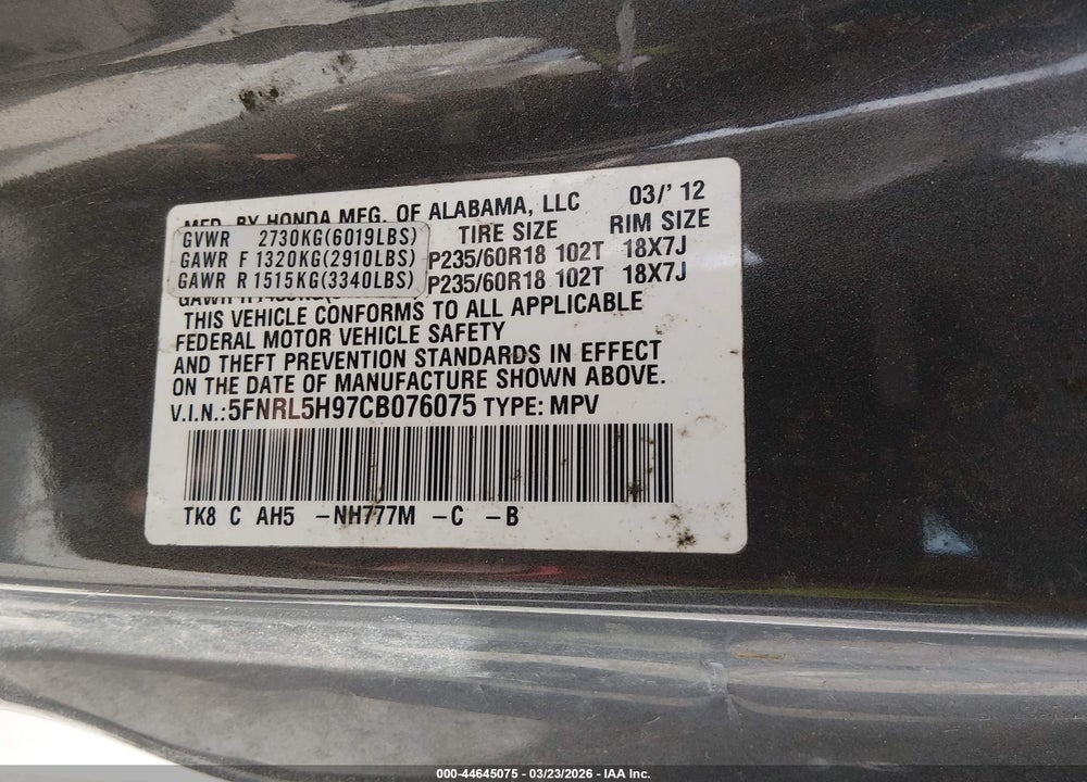 2012 HONDA ODYSSEY TOURING/TOURING ELITE VIN: 5FNRL5H97CB076075