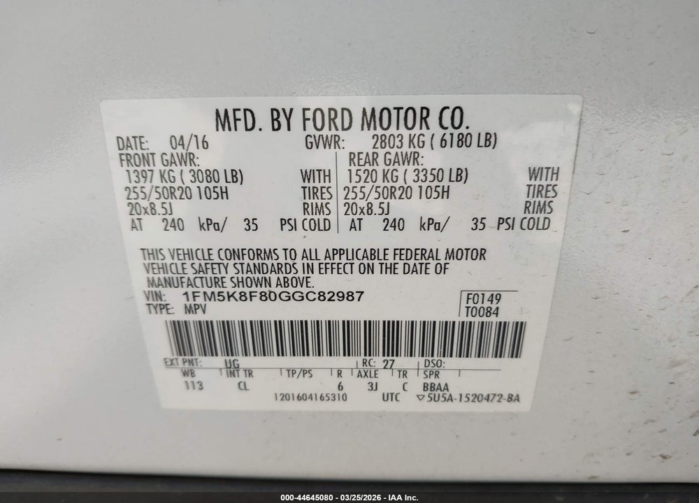 2016 FORD EXPLORER LIMITED VIN: 1FM5K8F80GGC82987