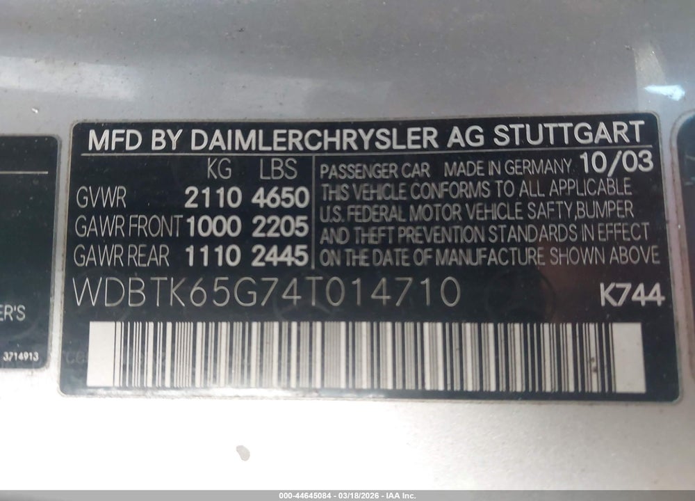 2004 MERCEDES-BENZ CLK 320 VIN: WDBTK65G74T014710