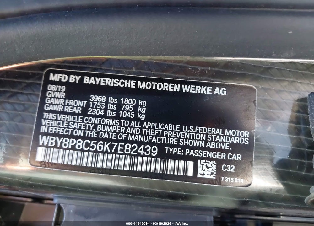 2019 BMW I3S 120AH W/RANGE EXTENDER VIN: WBY8P8C56K7E82439
