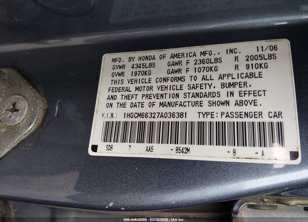 2007 HONDA ACCORD 3.0 LX VIN: 1HGCM66327A036381