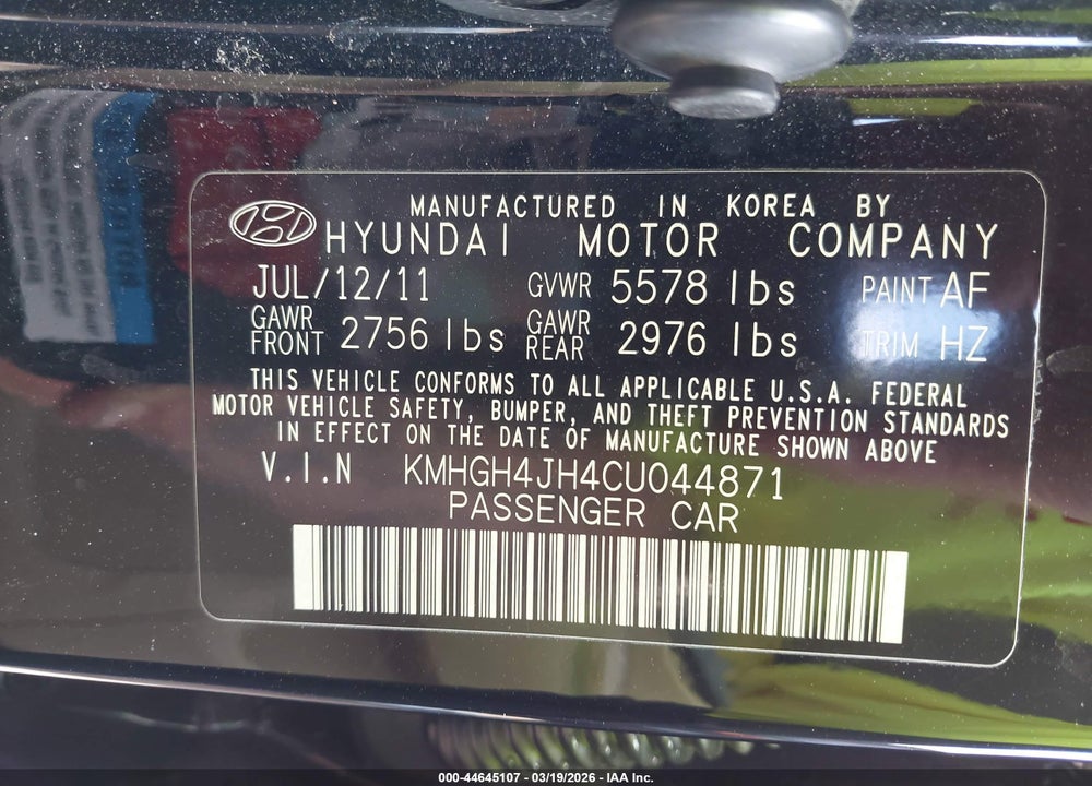 2012 HYUNDAI EQUUS SIGNATURE VIN: KMHGH4JH4CU044871
