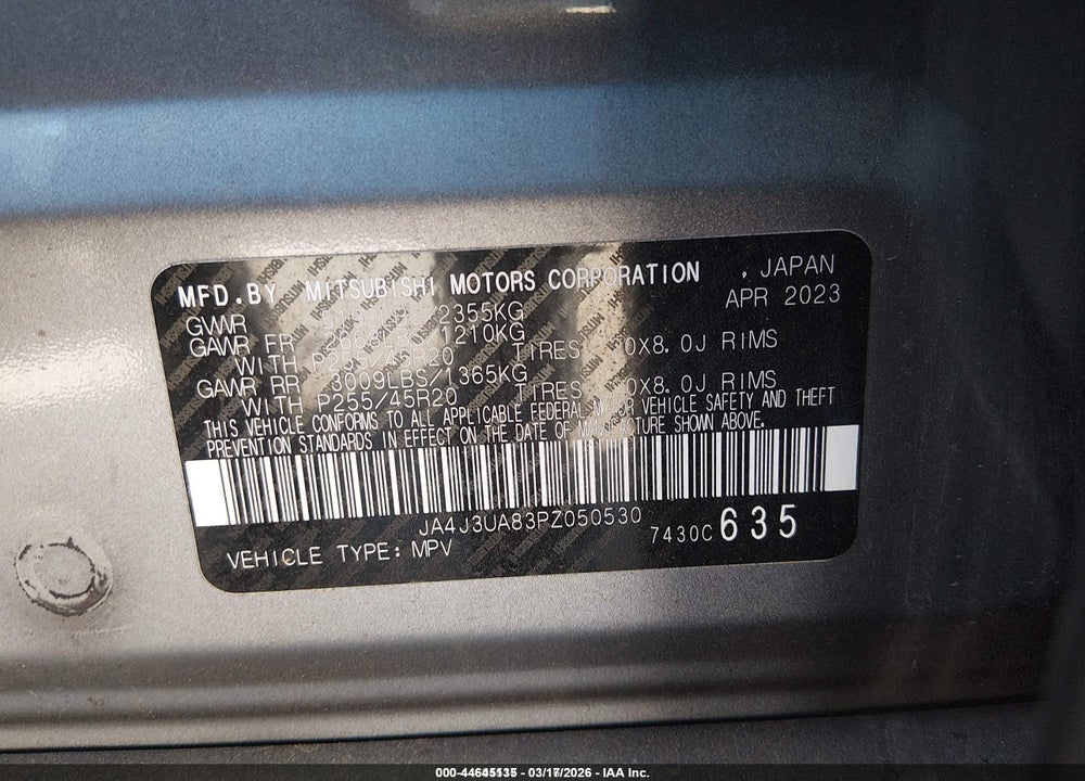 2023 MITSUBISHI OUTLANDER SE 2.5 2WD/SE BLACK EDITION 2WD/SE SPECIAL EDITION 2WD VIN: JA4J3UA83PZ050530