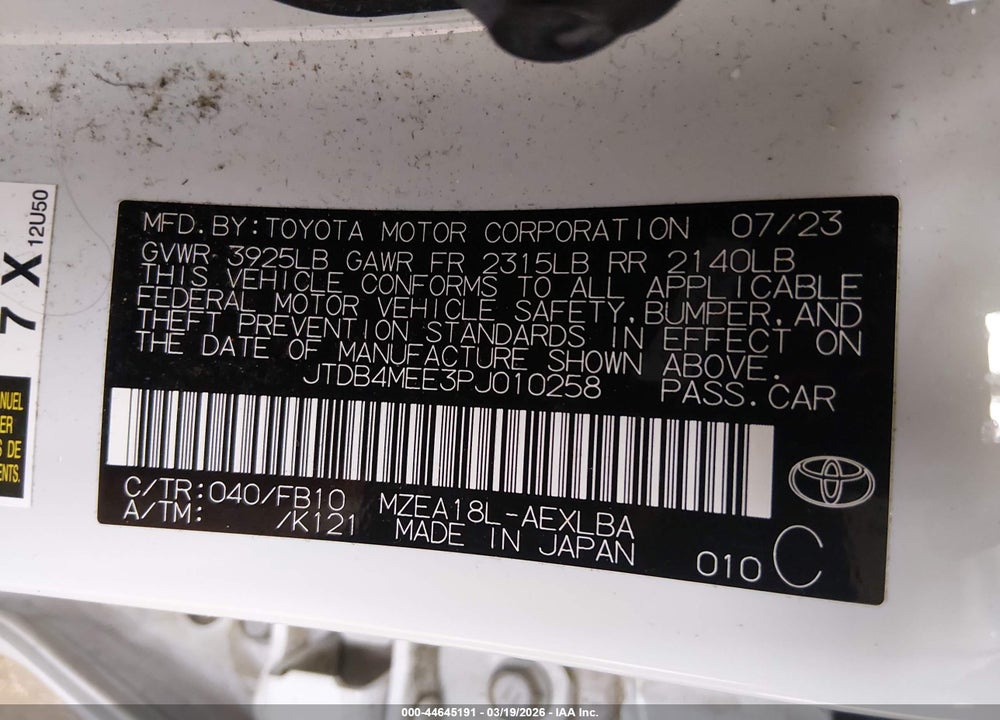 2023 TOYOTA COROLLA LE VIN: JTDB4MEE3PJ010258