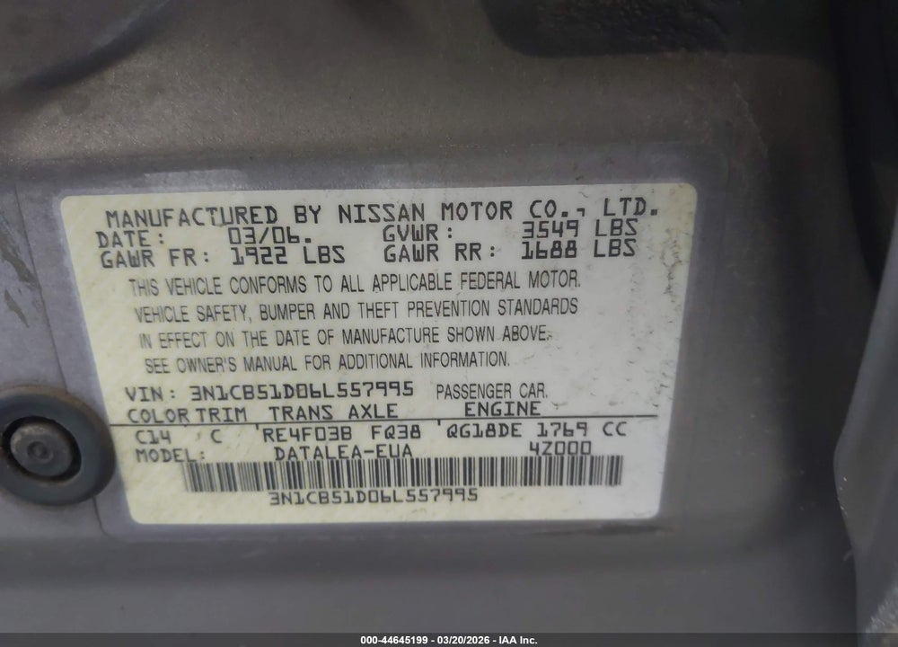 2006 NISSAN SENTRA 1.8/1.8S VIN: 3N1CB51D06L557995