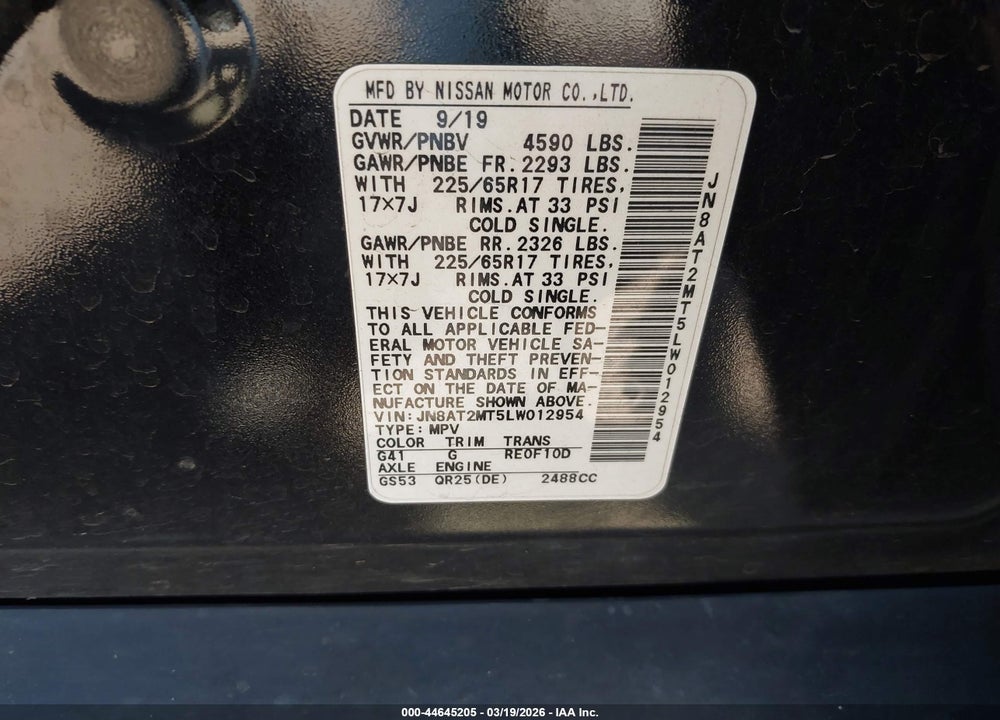 2020 NISSAN ROGUE SV FWD VIN: JN8AT2MT5LW012954