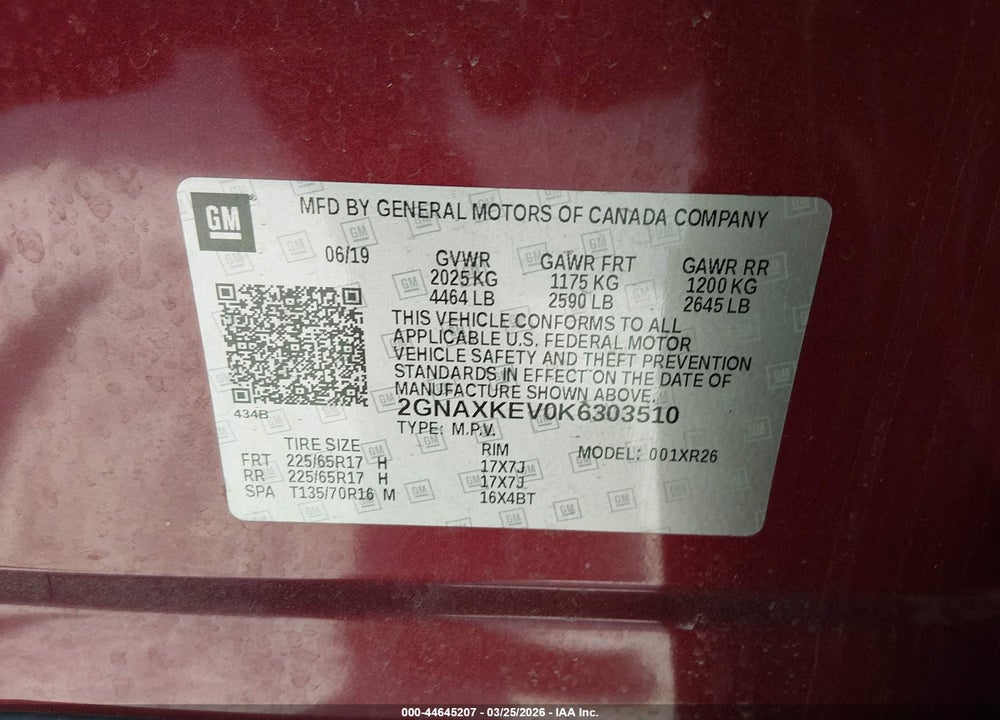 2019 CHEVROLET EQUINOX LT VIN: 2GNAXKEV0K6303510