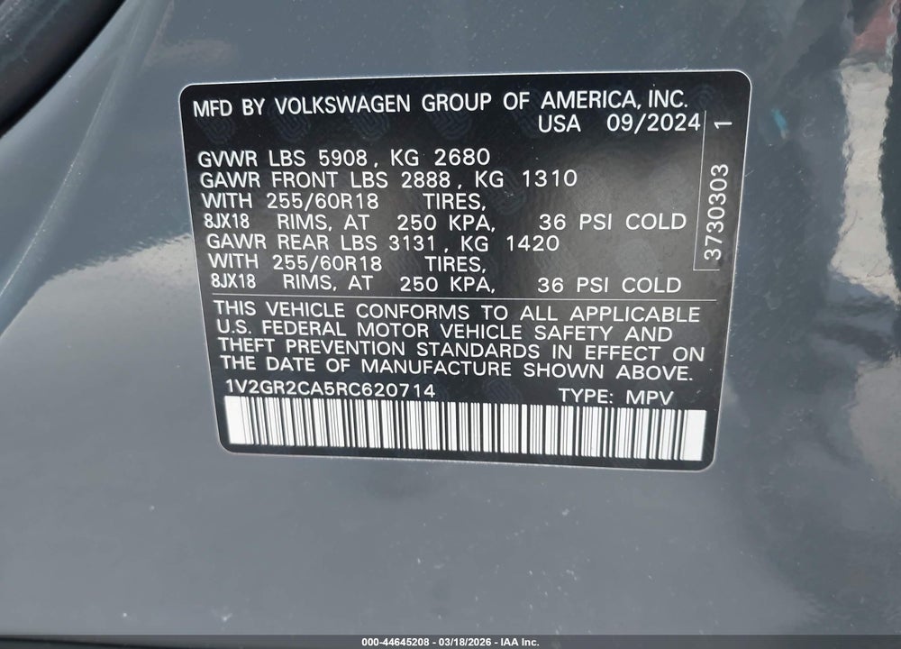2024 VOLKSWAGEN ATLAS 2.0T PEAK EDITION SEL VIN: 1V2GR2CA5RC620714