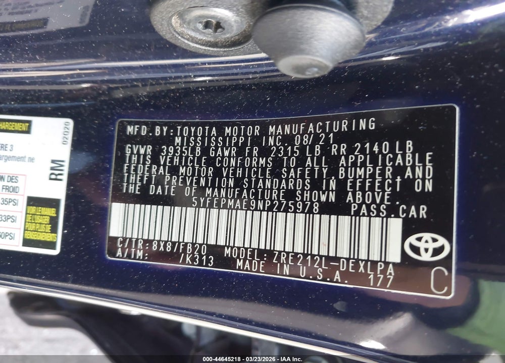 2022 TOYOTA COROLLA LE VIN: 5YFEPMAE9NP275978