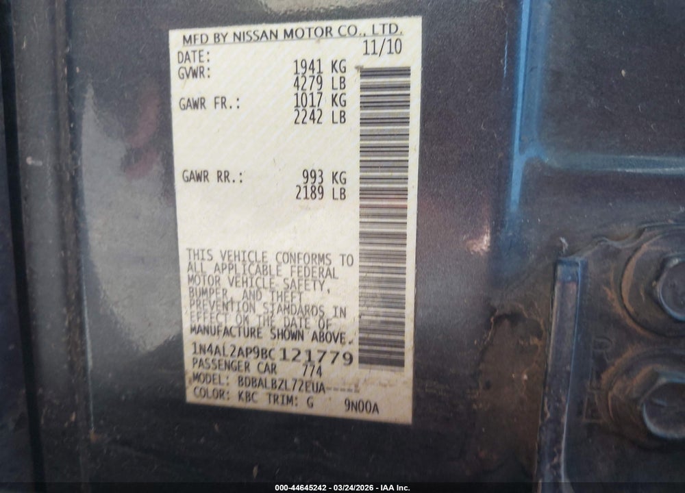 2011 NISSAN ALTIMA VIN: 1N4AL2AP9BC121779