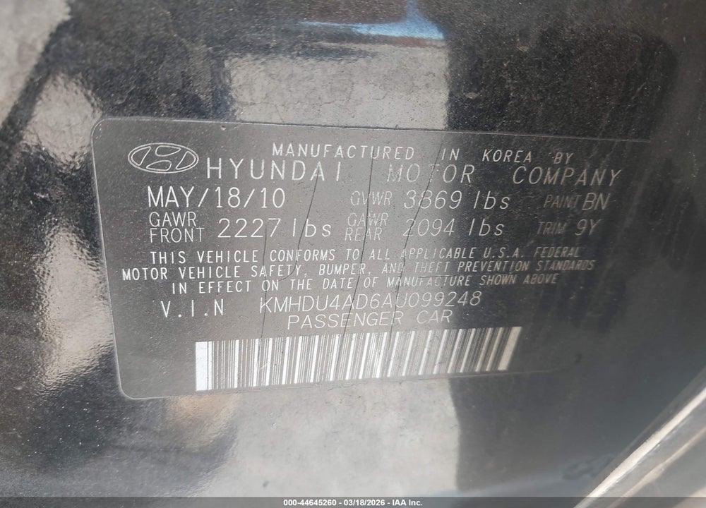 2010 HYUNDAI ELANTRA GLS VIN: KMHDU4AD6AU099248