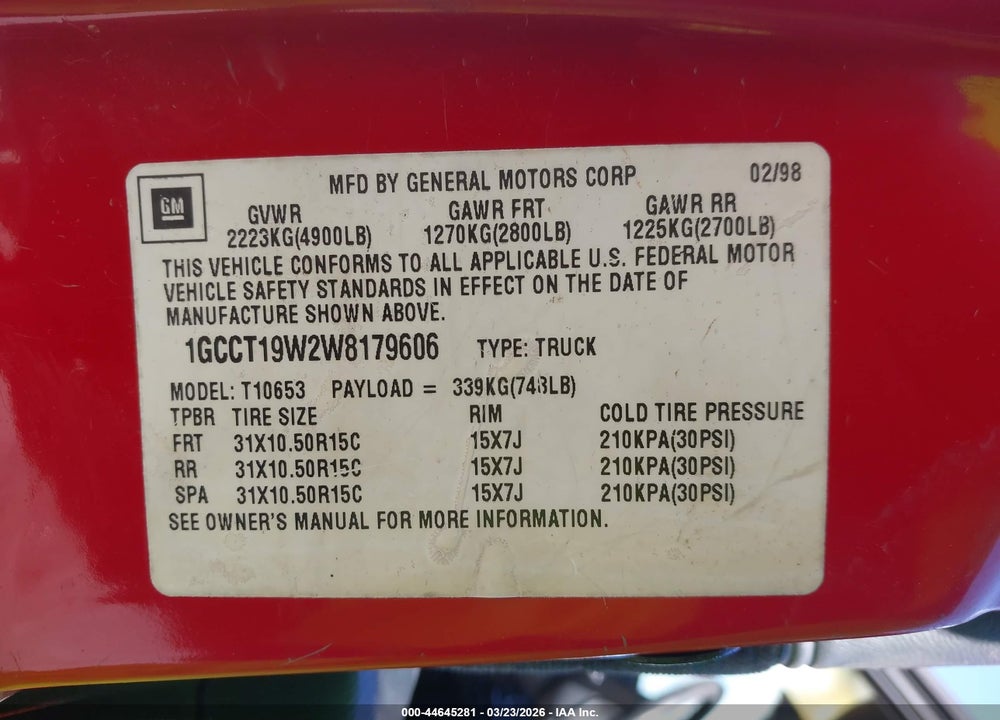 1998 CHEVROLET S-10 LS VIN: 1GCCT19W2W8179606