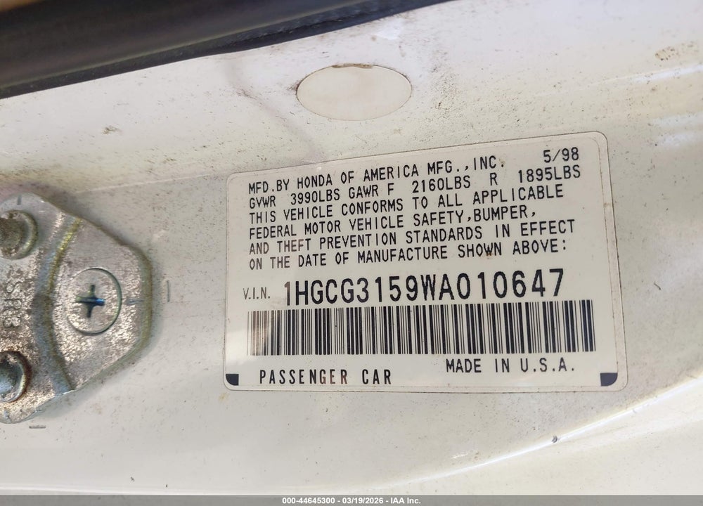 1998 HONDA ACCORD EX VIN: 1HGCG3159WA010647