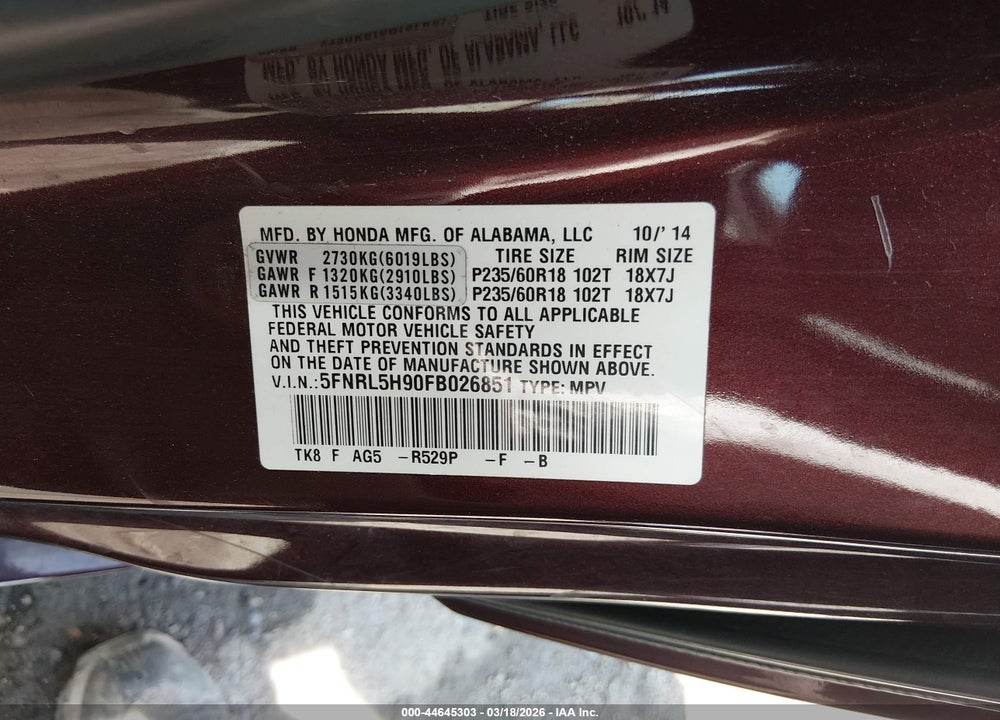 2015 HONDA ODYSSEY TOURING/TOURING ELITE VIN: 5FNRL5H90FB026851