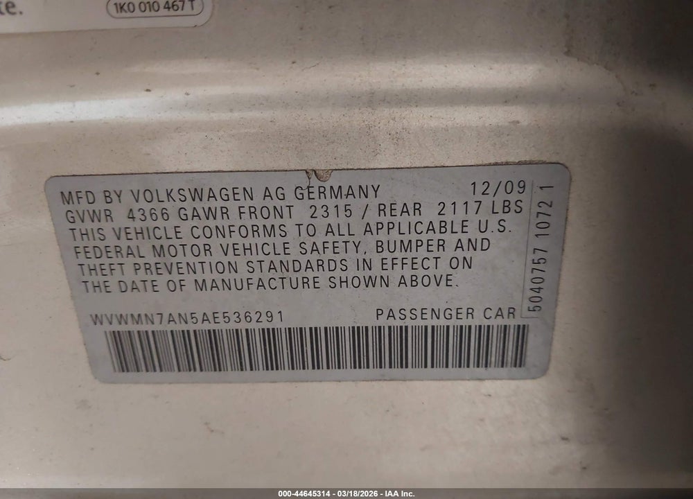 2010 VOLKSWAGEN CC SPORT VIN: WVWMN7AN5AE536291