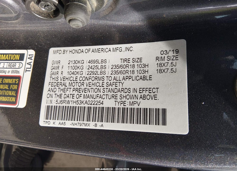 2019 HONDA CR-V EX VIN: 5J6RW1H53KA022254