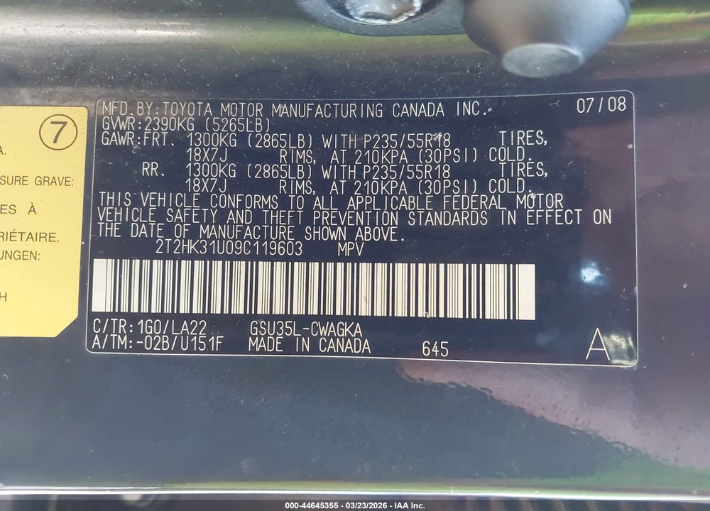 2009 LEXUS RX 350 VIN: 2T2HK31U09C119603