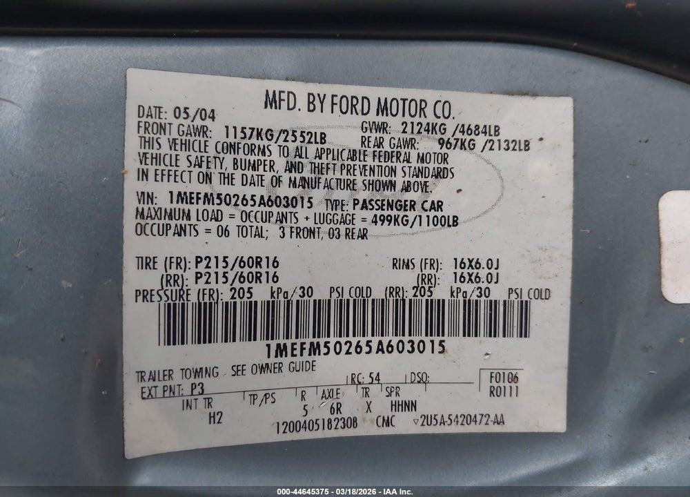 2005 MERCURY SABLE GS VIN: 1MEFM50265A603015
