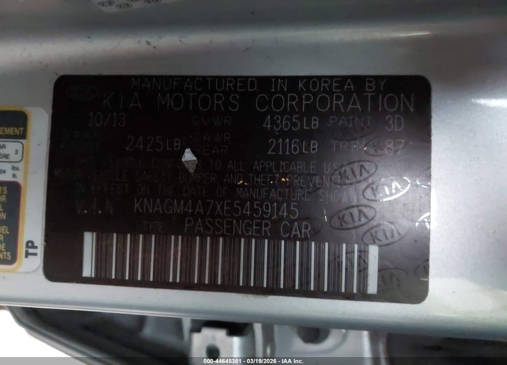 2014 KIA OPTIMA LX VIN: KNAGM4A7XE5459145