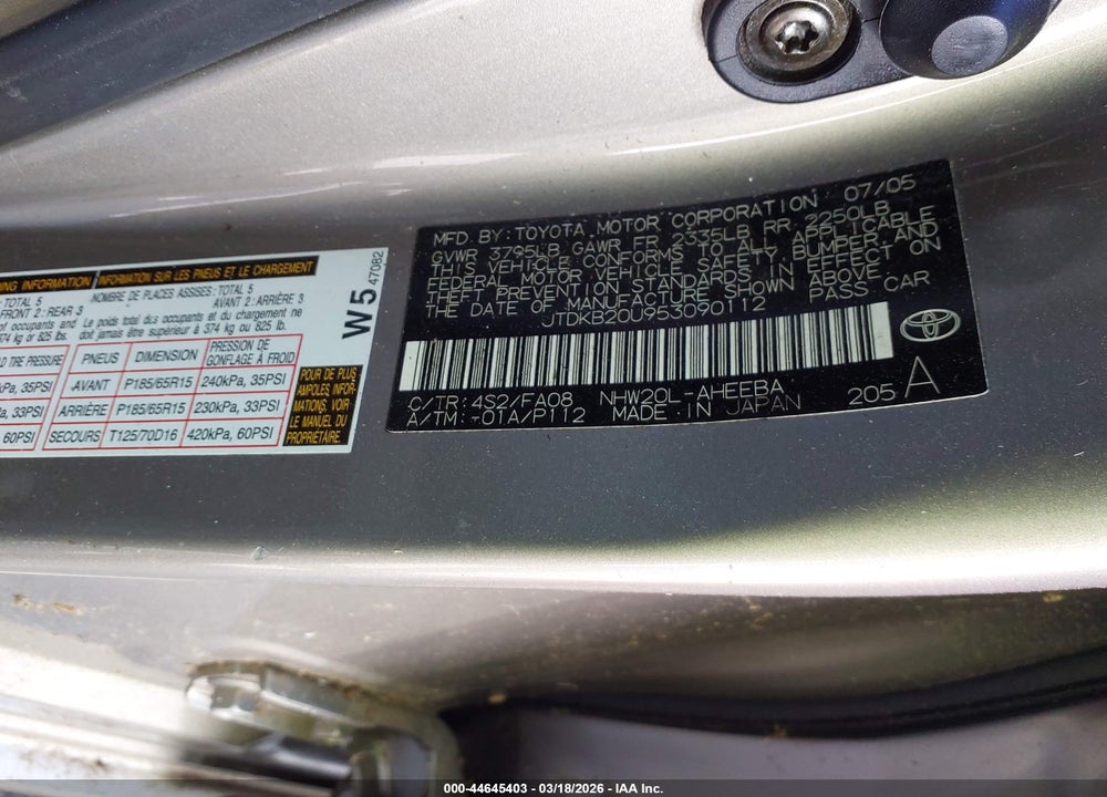 2005 TOYOTA PRIUS VIN: JTDKB20U953090112
