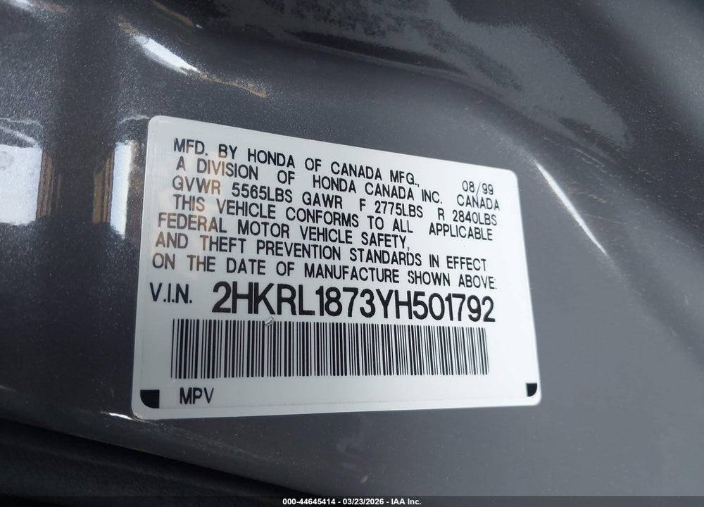 2000 HONDA ODYSSEY EX VIN: 2HKRL1873YH501792