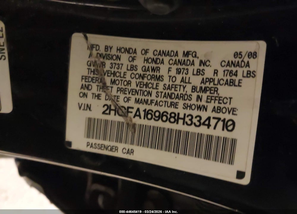 2008 HONDA CIVIC EX-L VIN: 2HGFA16968H334710