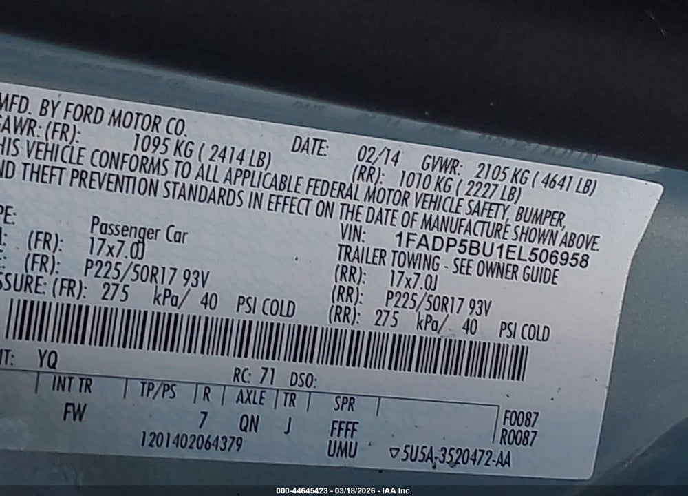 2014 FORD C-MAX HYBRID SEL VIN: 1FADP5BU1EL506958